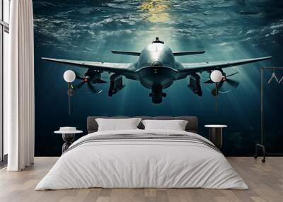 Military aircraft in the deep blue sea. 3d rendering. Computer digital drawing. Wall mural