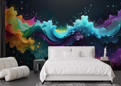 Vibrant abstract wave of colorful particles on a dark background, representing creative digital art or dynamic motion. Wall mural