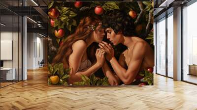 Adam and eve in heaven surrounded by red apples. Religious masterpiece. Wall mural