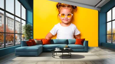 Adorable stylish little Caucasian girl wearing a sunglasses and White plain White t-shirt with space for your print isolated on yellow background. Child's clothing mockup. Wall mural