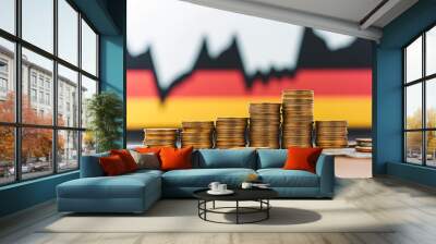 Ascending coin stack against German flag symbolizing German economy growth. Prosperous german financial trend concept. Wall mural