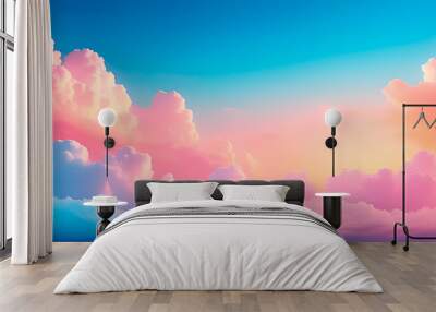 Beautiful serene pastel blue pink and yellow sky with clouds. Colorful sunrise or sunset. Wide. Panoramic view. Wall mural