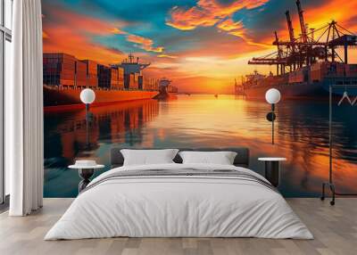 Cargo ships docked at harbor under vibrant sunset sky. Wall mural