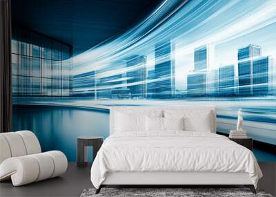 Cityscape with motion blur effect. Blue-toned business district rush for business background. Banner format. Wall mural