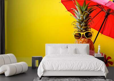 Concept of summer vibes with stylish pineapple wearing sunglasses an umbrella and tropical flowers and fruit against yellow background. Can be used as background. Wall mural