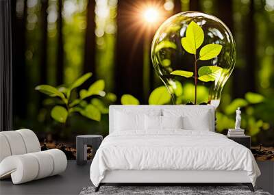 Eco concept. Think green. Closeup on little growing green plant inside a light bulb in the forest grounf. Wall mural