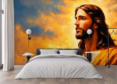 Jesus in front of sky during sunset in oil painting style. Christian artwork in banner format. Wall mural