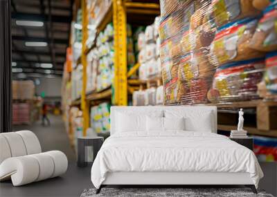 Organized warehouse aisle with bulk food product storage. Wall mural