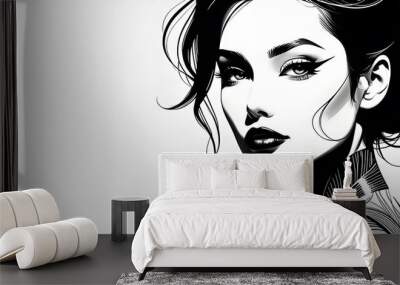 Portrait of an elegant woman in digital painting style on white background with copy space. Wall mural