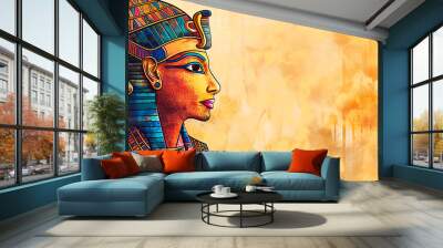 Side view of female and male pharaoh on grunge textured yellow background with copt space. Colorful ancient Egyptian royal couple isolated on yellow. Wall mural