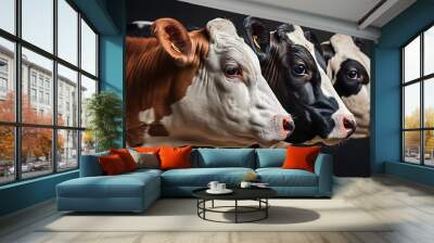 Side view of three cows isolated black background. Wall mural