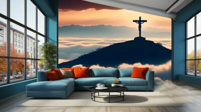 Silhouette of a cross on top of a hill above the clouds. Concept of faith and Christianity in banner format. Wall mural