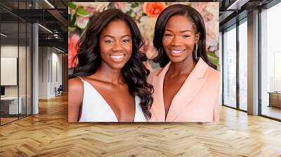 Two stylish african american women smiling against blooming floral background. Perfect for friendship or fashion promotion. Wall mural