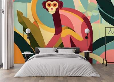 Modern style poster with monkey , The animal is set against a background of abstract forms and pastel colors Wall mural