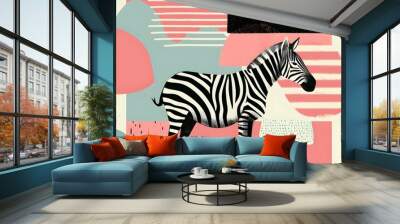 Modern style poster with zebra , The animal is set against a background of abstract forms and pastel colors Wall mural