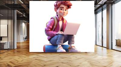 3d cute freelancer boy sitting and using laptop on his lap, 3d character render isolated on transparent background Wall mural