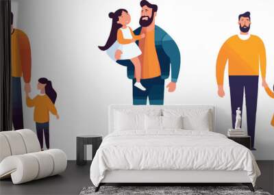 Fathers day Illustration set with daughter holding hand of Father, Dad carrying daughter cheerful moment, Father and daughter together standing celebrating Fathers day in happy mood Wall mural