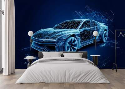 Frontside Futuristic AR car wireframe concept, generative ai, Augmented reality wireframe of car concept with blue background Wall mural