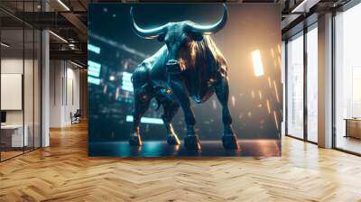 Futuristic Bull market in concept of stock market exchange or financial technology, 3d bull representing market rise in stock market, generative ai, stock market analysis, trading bull Wall mural