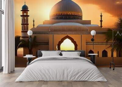 Photo a beautiful mosque in the desert with the sunset for Ramadan and Eid Mubarak background--3:2--v4  Wall mural