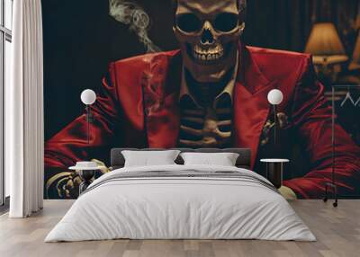 A human skeleton in an elegant suit plays poker with cards. Halloween spooky concept.
 Wall mural