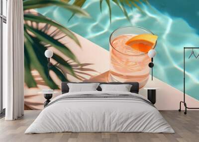 A minimal concept of tropical summer refreshment, a delicious cold exotic drink at the edge of the pool. Cocktail drink, alcoholic or non-alcoholic. Wall mural