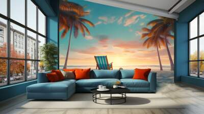 Deck chair on the beach near the sea. Exotic summer composition. It's time to rest. Sunset on the island. Wall mural