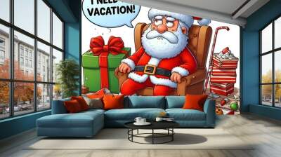 funny christmas cartoon, tired santa sitting in a chair, needing a vacation Wall mural