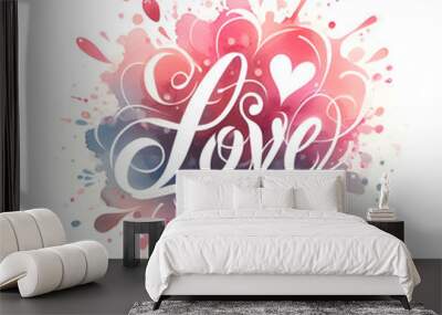 the word Love written in white on a pink and blue splash background isolated Wall mural