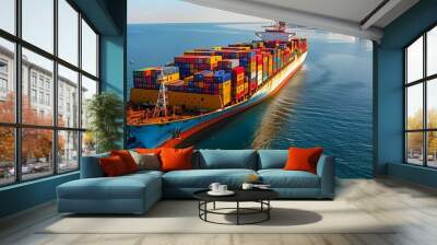 Cargo Ship With Containers Leaving Harbor Wall mural