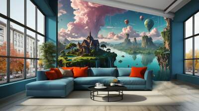 Surreal Dreamscape with Floating Islands and Ethereal Sky Wall mural