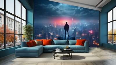 Silhouette of businessman standing on top of skyscraper and looking at night city Wall mural