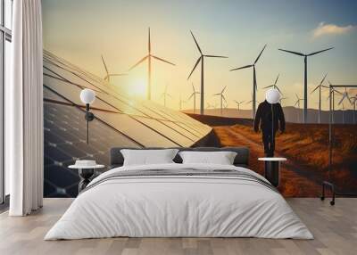 solar energy panels and wind turbines in the field, renewable energy concept Wall mural