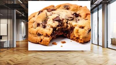 Close up of a chocolate chip cookie with a bite out on white background
 Wall mural