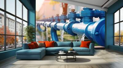 Close-up view of household water supply system, distribution of water supply to residential area, valves blocking access to water pipes
 Wall mural