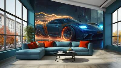 Side view of a generic blue-grey sports car with orange highlights parked on a turntable in an industrial building. Generative ai Wall mural