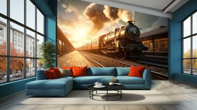 Steam locomotive on the platform of the railway station at sunset. Wall mural