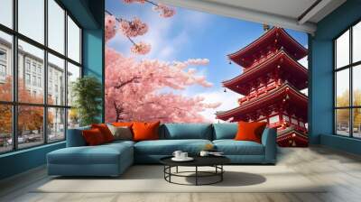  traditional japanese pagoda with blossoming cherry trees. Generative AI Wall mural