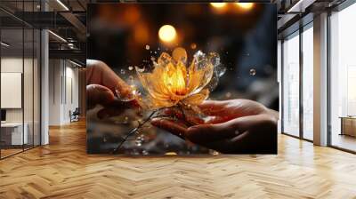   two people taking a hand to a red rose in front of a fire,Valentines Day, Propose day,  Valentines Day date. 
 Wall mural