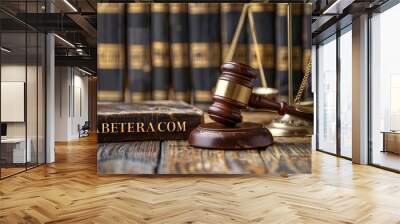 A judge’s gavel placed beside a balanced scale, symbolizing fairness and responsibility in decision-making, Accountability Wall mural