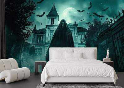 A poster with a ghost in the middle of the night with bats flying in the background, Halloween elements, Happy Hallowee Wall mural