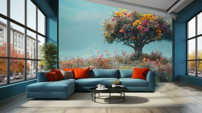 tree with flowers, landscape, flowers, spring, illustration, wallpaper, background Wall mural