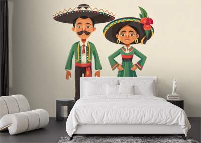 Cartoon Couple in Traditional Mexican Costume Vector Illustration  Wall mural