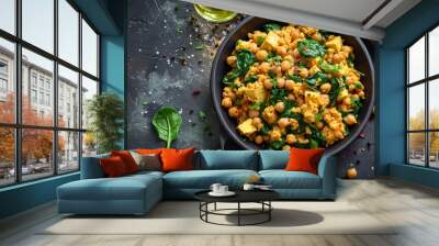 Chickpea and Spinach Scramble, Black Surface Table, minimalistic decor  Wall mural