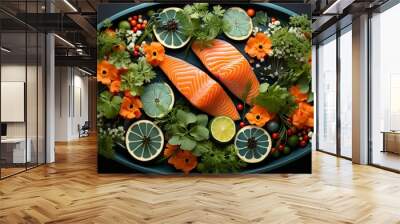 Different food choices are shown in plate with beaufifull decoration. Food Illustration Wall mural