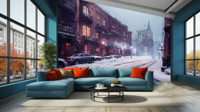 Snow covered road in the night Wall mural