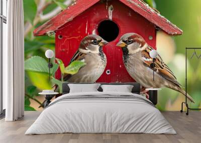 Two courting sparrows in front of the red birdhouse Wall mural