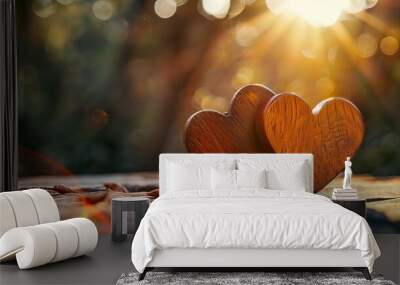 Two Wooden Hearts On Rustic Table With Sunlight
 Wall mural