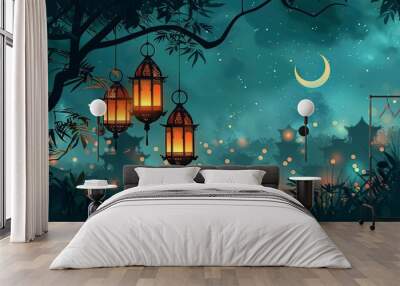 Vector illustration of Eid e Milad Un Nabii Backgorund with hanging light and moon in the background Wall mural