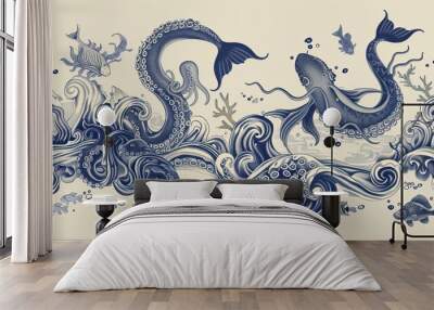 Vector seamless Border pattern. Fantasy mermaid, octopus, fish, sea animals dark blue contour thin line drawing on a beige background Wall mural